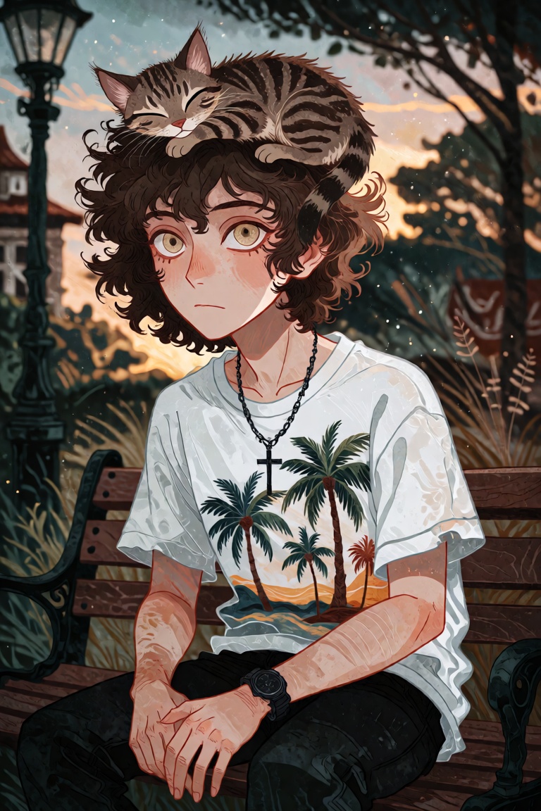 A young man with curly brown hair and hazel eyes sits on a park bench at dusk. He wears a white t-shirt with a palm tree p...