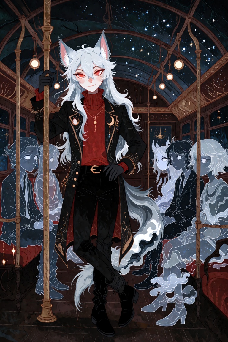 A tall young man with four delicate fox ears stands inside a luxurious underground train carriage,  framed by curved windo...