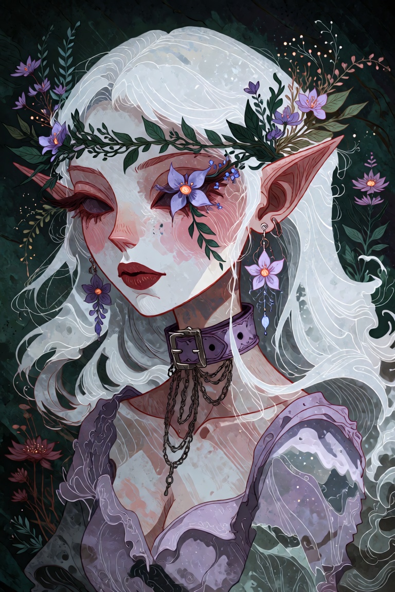 Ethereal elven portrait,  three-quarter bust view of a pale-skinned female with long platinum-white hair cascading in soft...