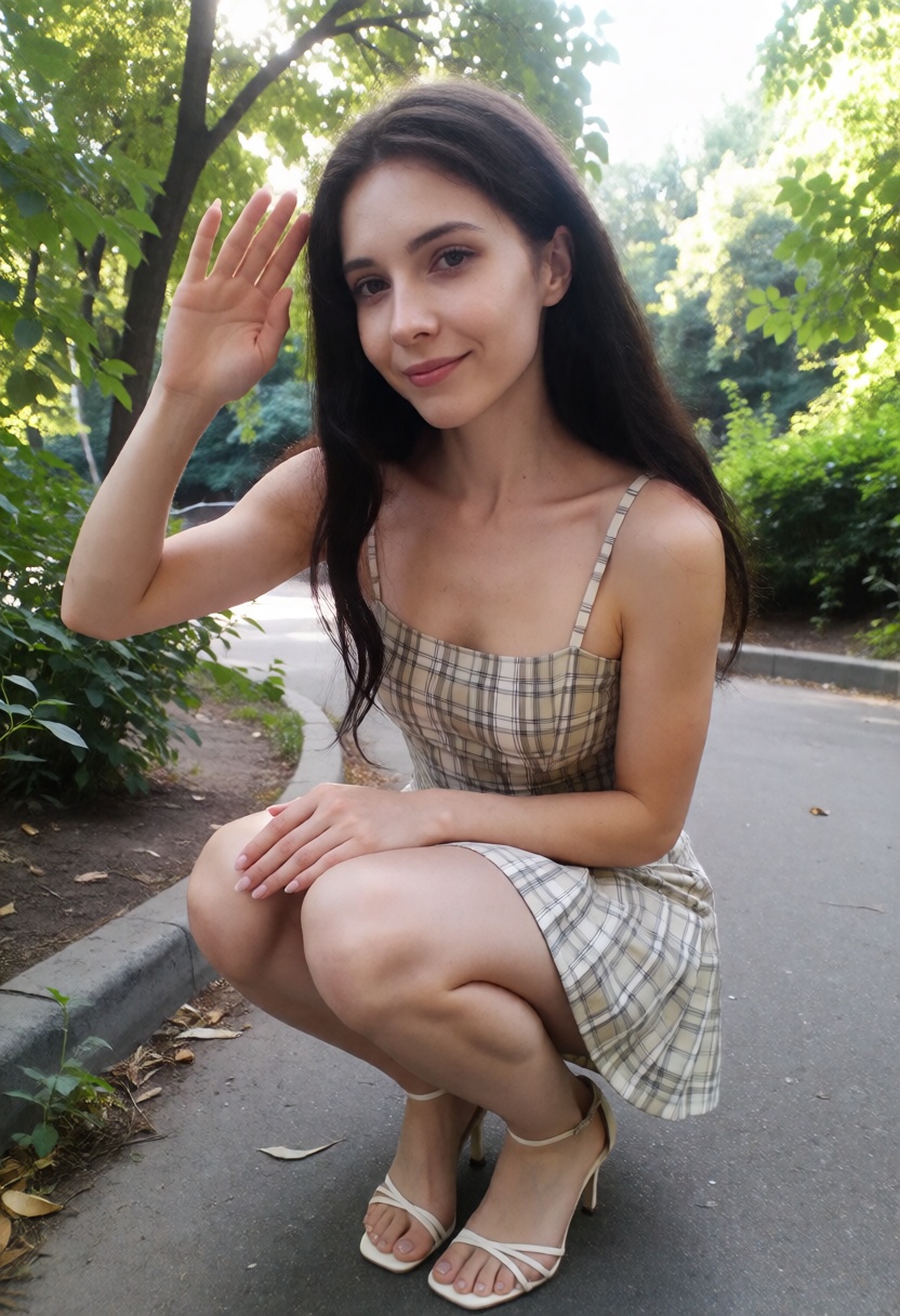 cute photo of Tiphany Nerty,  in a park with a summer dress and elegant sandal heels,  wawing his hand in a salute with a...
