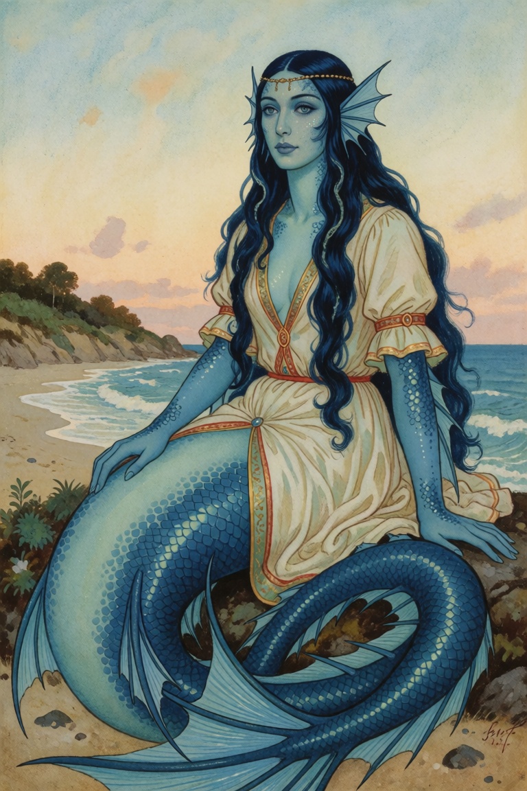 @EdmunDul style illustration,  woman\(blue hair,  blue-skinned aquatic siren on Tensor.Art