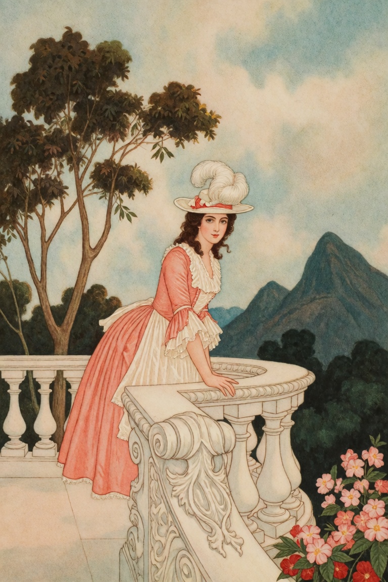 @EdmunDul style illustration,  painting,  depicting a young woman standing on an ornate white balcony. She is dressed in a...