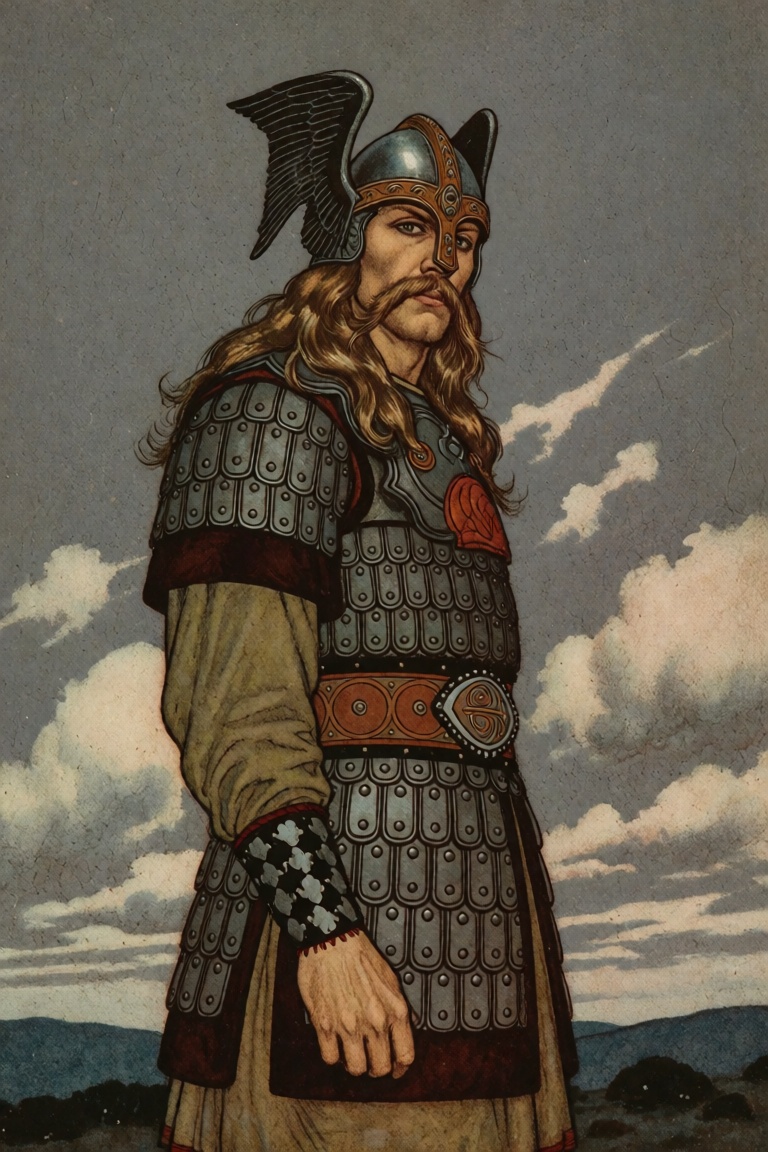 @EdmunDul style illustration,  Viking man with winged helmet in full armor standing outdoors under a grey sky. He faces th...