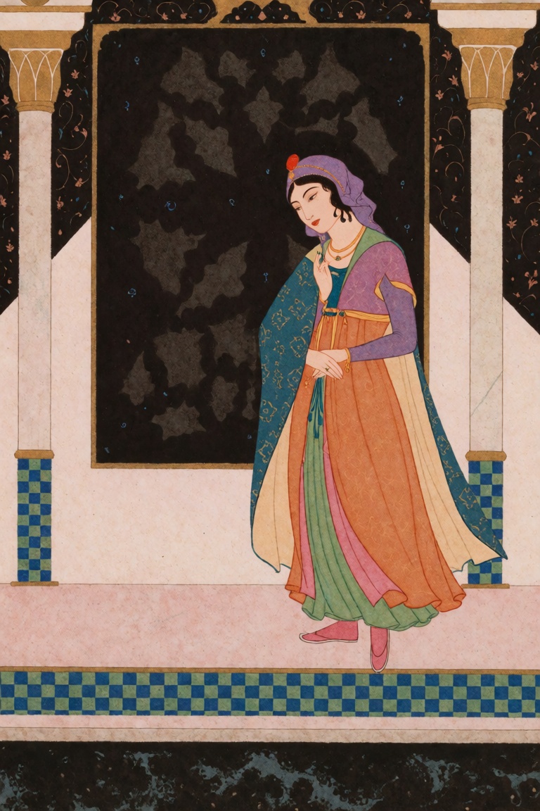 @EdmunDul style illustration,  digital illustration in a traditional Persian miniature painting style. The image depicts a...