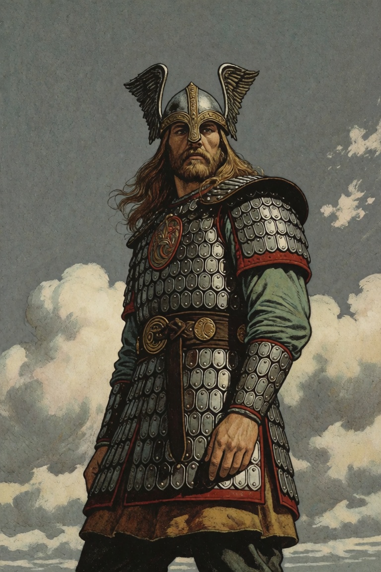 @EdmunDul style illustration,  Viking man with winged helmet in full armor standing outdoors under a grey sky. He faces th...