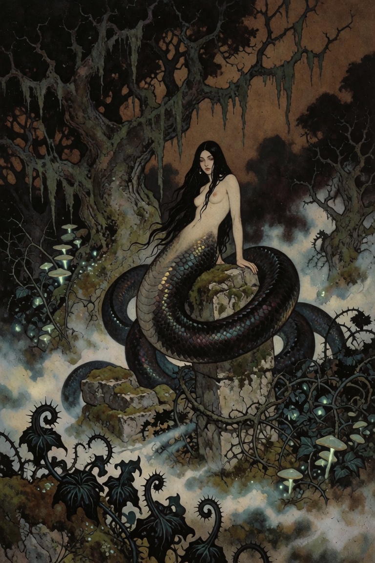 @EdmunDul style illustration,  Illustration in a dark,  mystical style. The central focus is a beautiful but terrifying la...