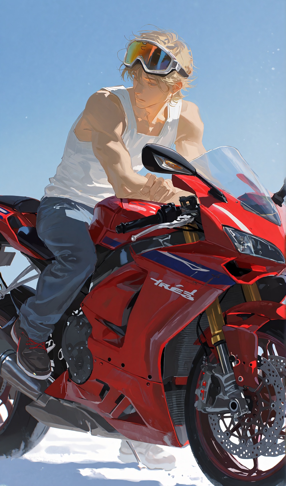 1boy,  masterpiece,  leaning on sports bike on Tensor.Art