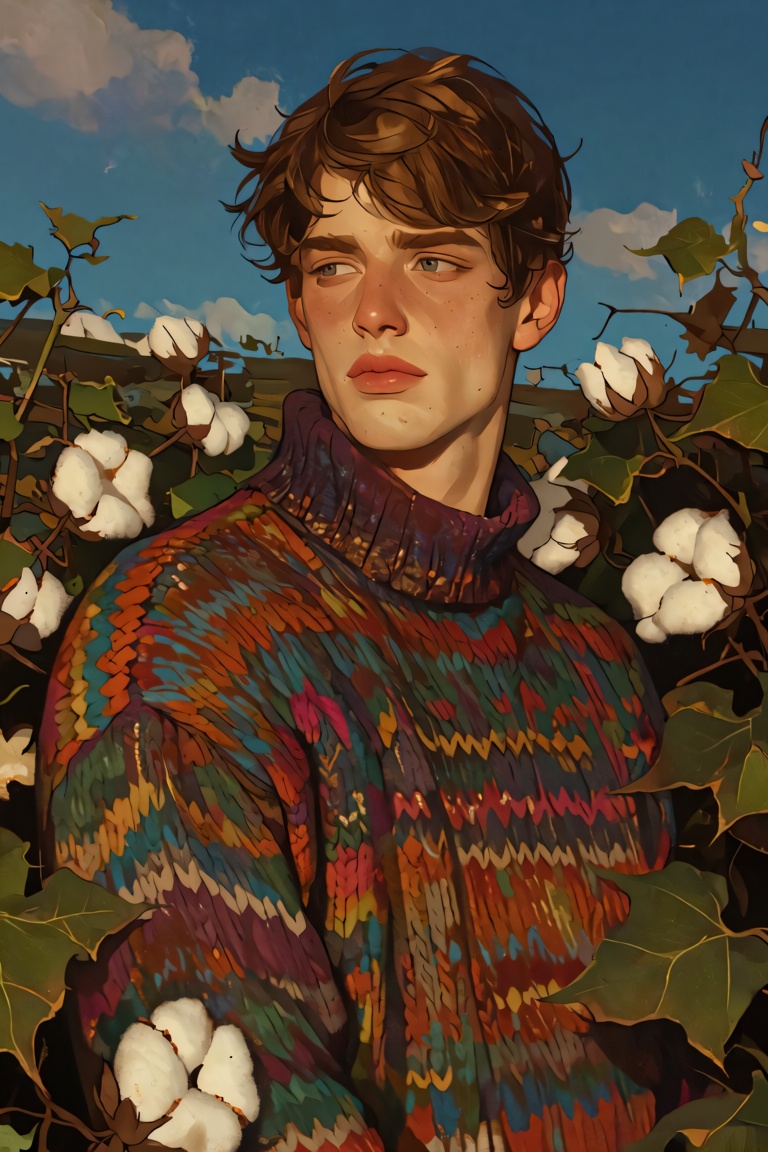 Create an image of a young man standing among lush cotton plants. He wears a colorful knitted sweater with a high collar,...