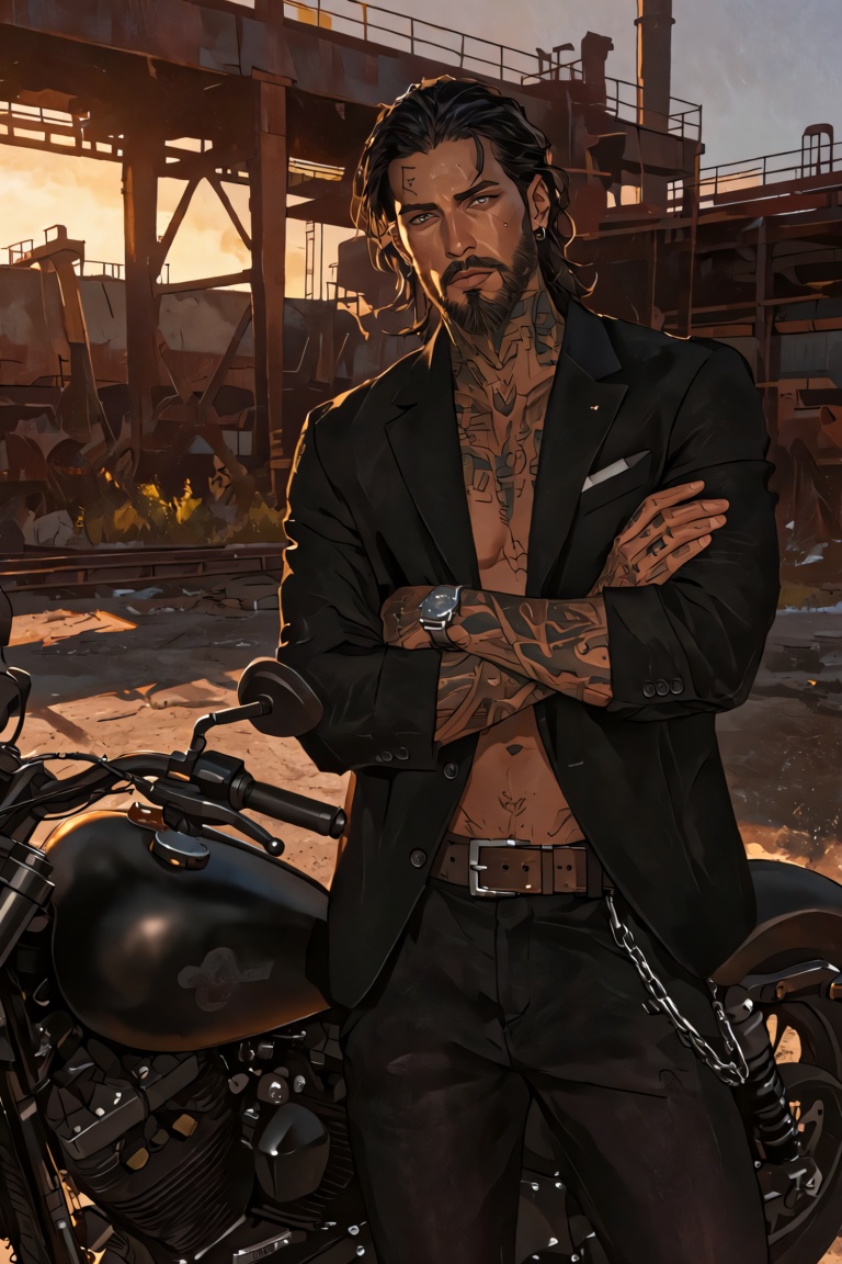 a bearded man stands beside a matte black motorcycle in an abandoned industrial lot. His neck and hands are covered in int...