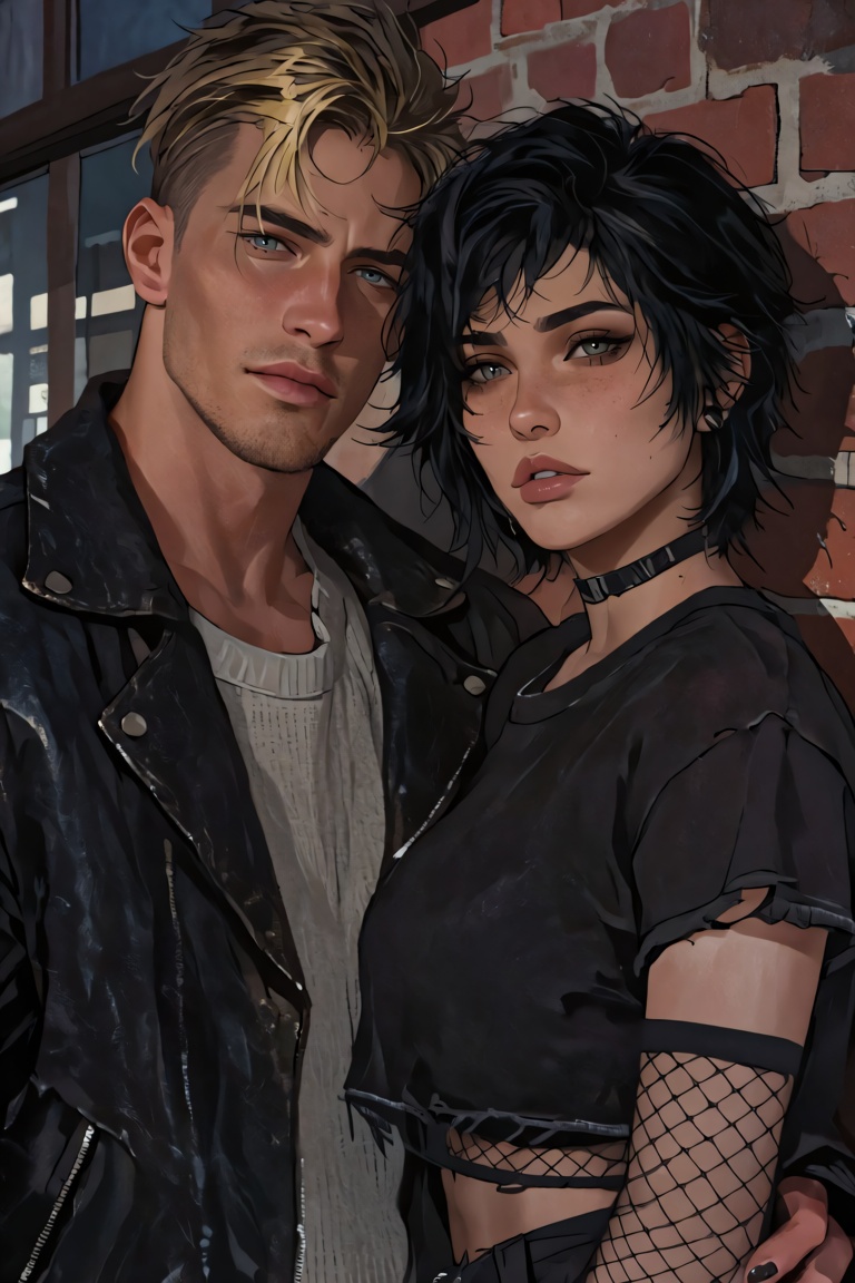 Close-up of two faces. A masculine man with a blonde undercut and blue eyes leans against a brick wall. A young woman with...