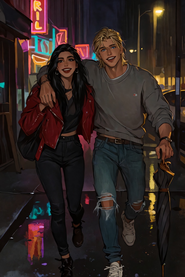 A young man with blonde hair pushed back and blue eyes walks down a wet sidewalk at night,  his right arm draped over the...