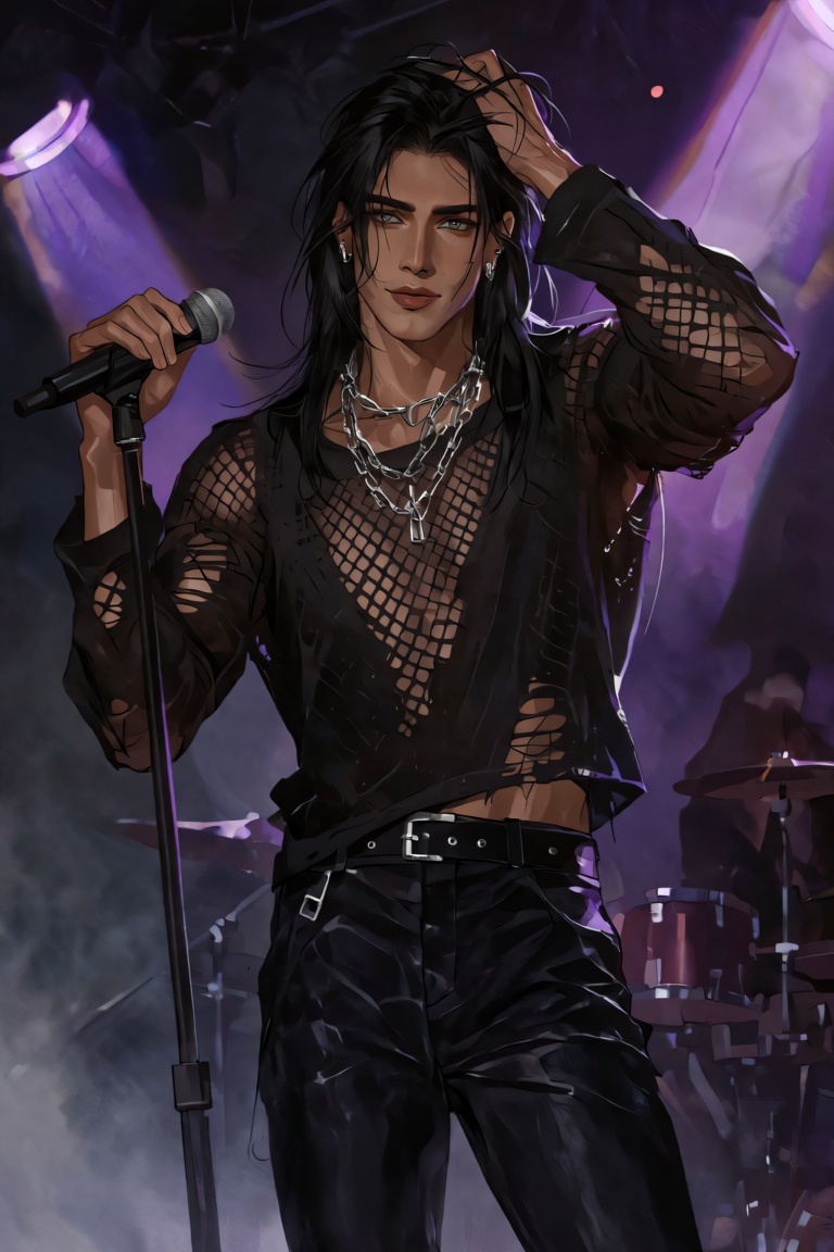 A young man with long black hair and gray eyes stands on a stage. He wears black leather pants and a torn black mesh shirt...
