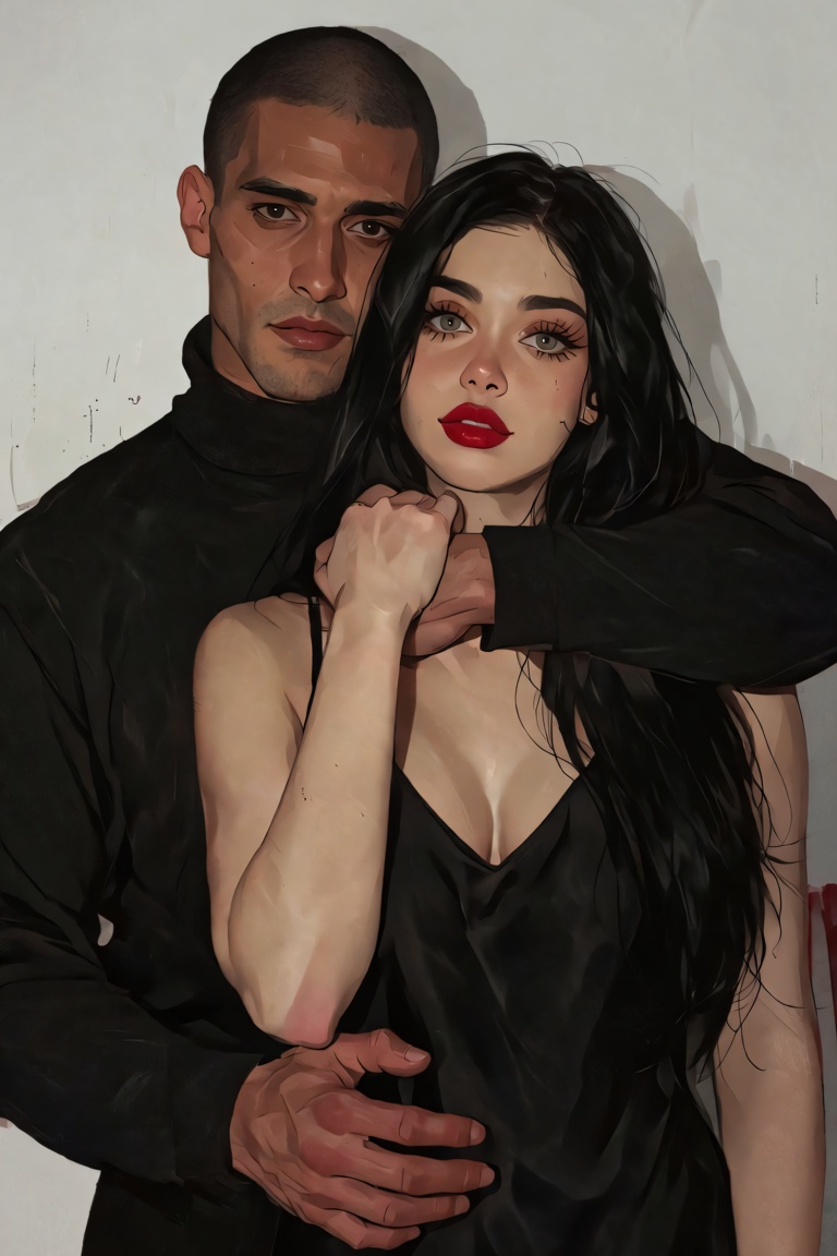 Waist-up. A masculine man with a shaved head and dark eyes stands behind a young woman with long black hair and red lipsti...