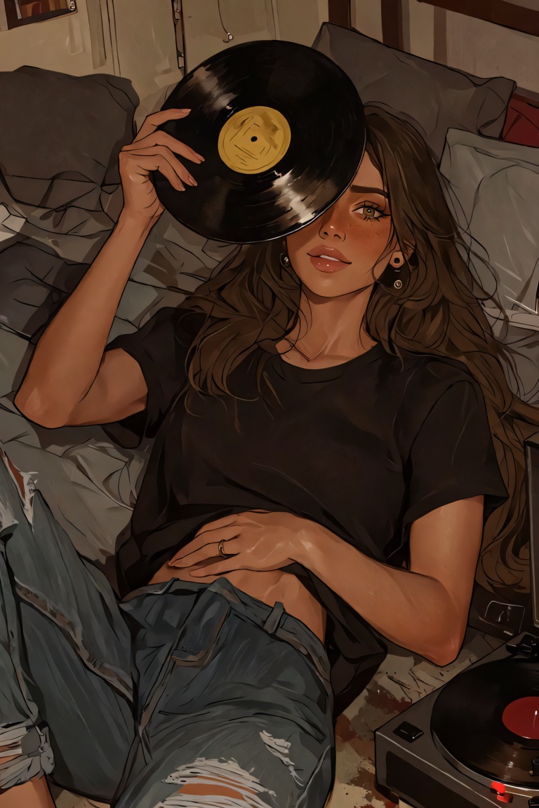 A young woman with long brown hair and hazel eyes lies on a messy bed with gray sheets. She wears a black band t-shirt and...