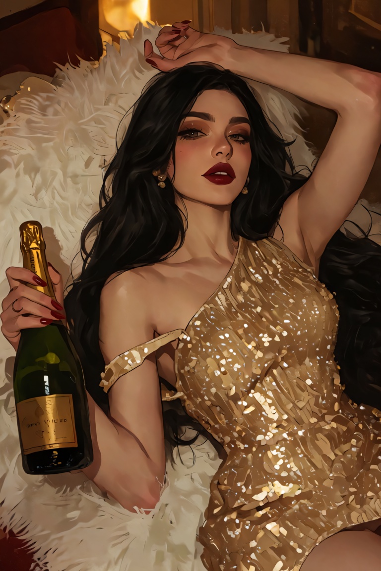 A young woman with long black hair and dark red lipstick lies on a white fur rug. She wears a gold sequined dress with one...