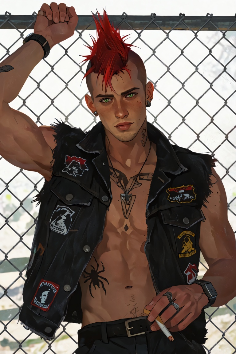 a young man with a striking red mohawk and piercing green eyes stands against a chain-link fence. He wears a black denim v...