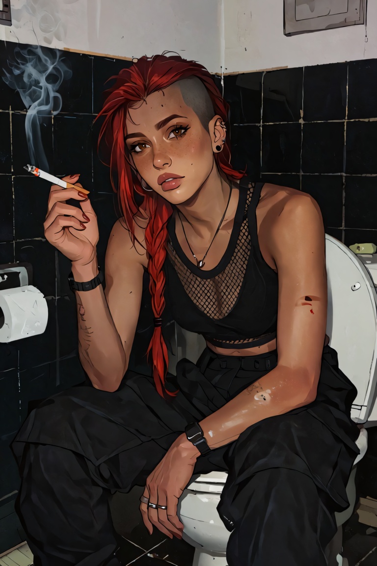 A young woman with a half‑shaved head and a long red braid,  and brown eyes,  is sitting on a toilet in a bathroom decorat...