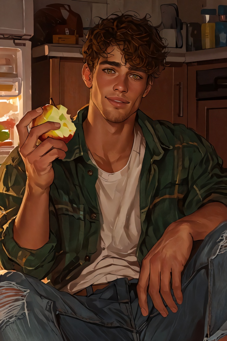 A young man with curly brown hair and hazel eyes sits on a kitchen floor,  back against the cabinets. He wears a green fla...