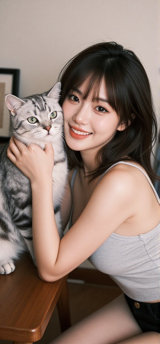 An extremely realistic yet sensual portrait of a Korean idol beauty. With disheveled,  medium-length hair and short black...
