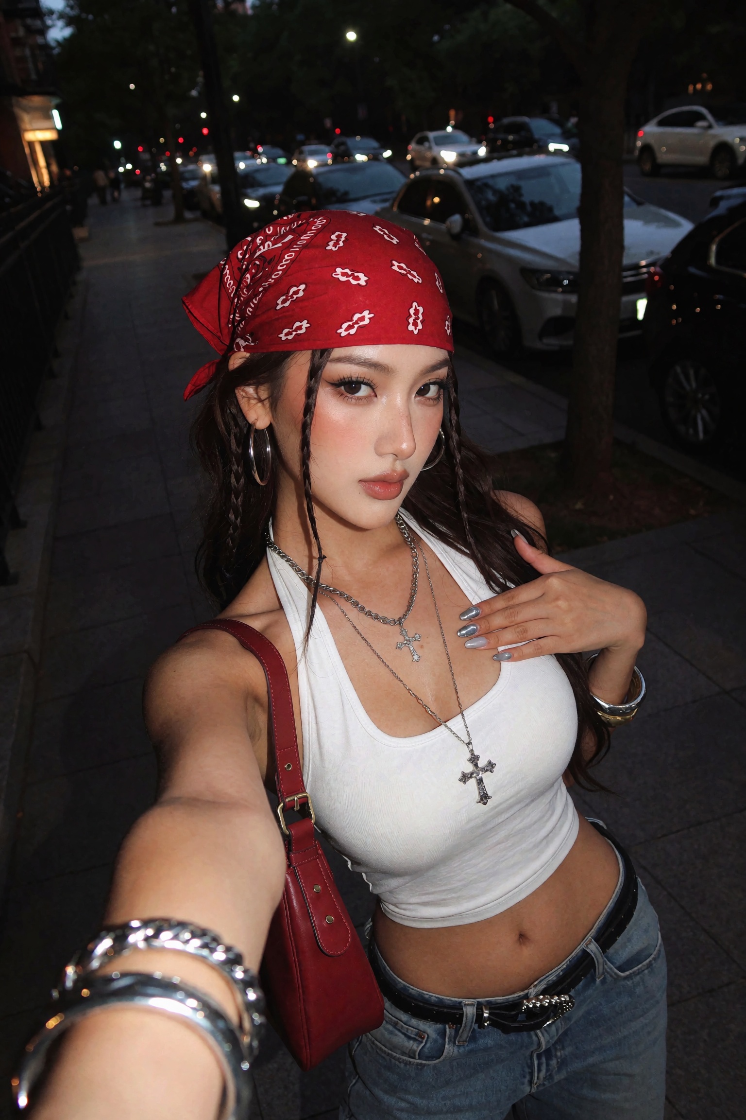 Candid UGC smartphone night selfie of an ***** woman with a refined oval face,  softly defined jawline,  delicate chin on...