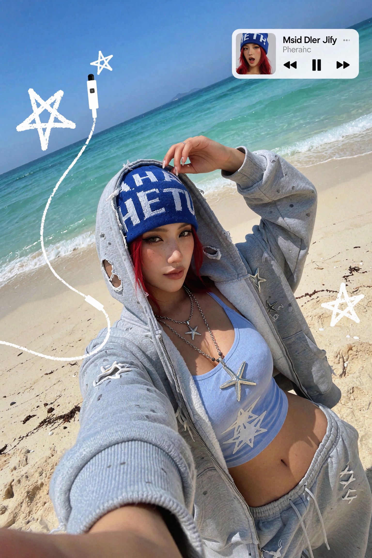Candid UGC smartphone beach selfie of a young woman with one arm extended toward the camera,  the other hand raised grippi...
