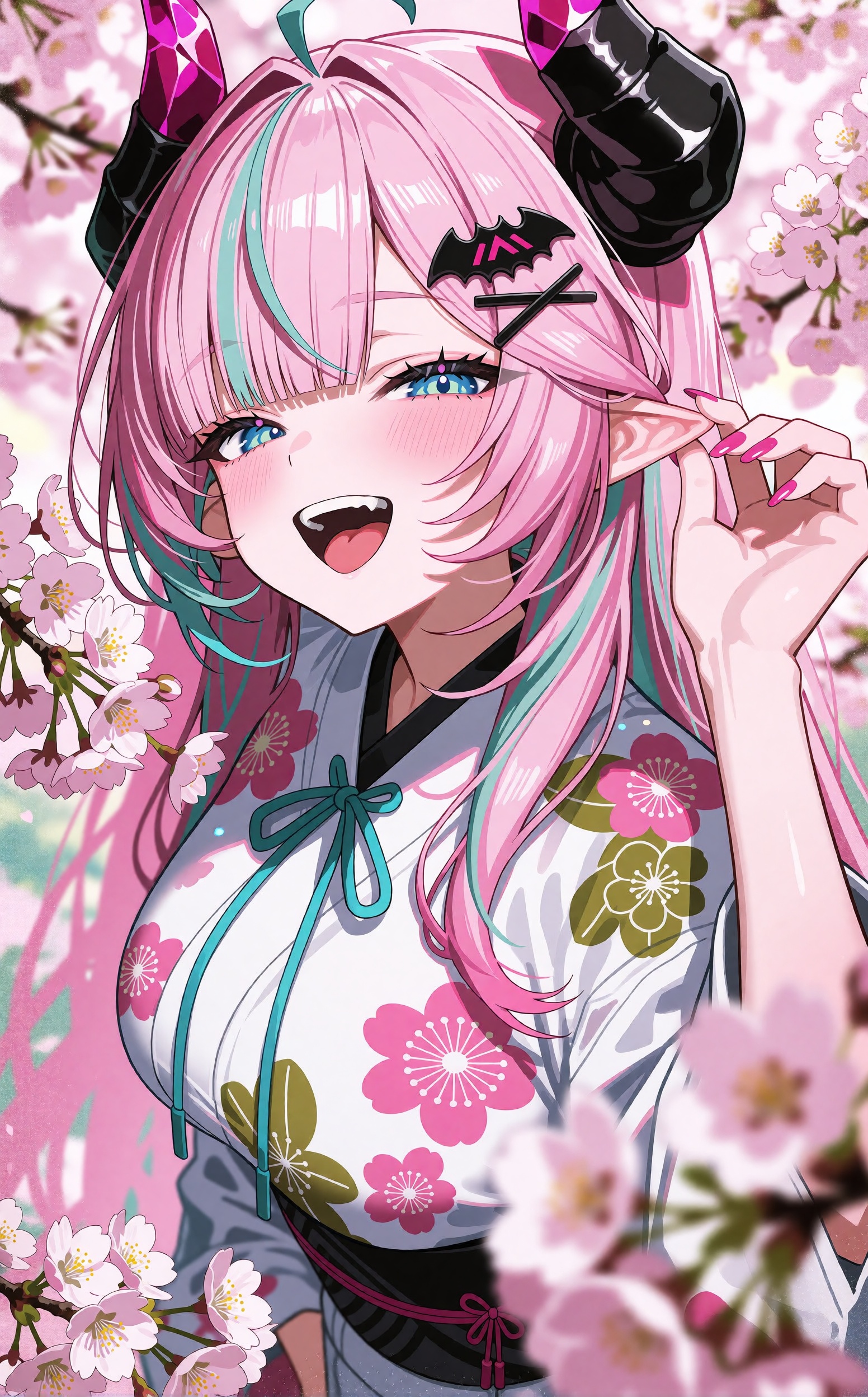 A joyful anime girl with very long flowing pink hair streaked with teal strands leans toward the viewer,  smiling brightly...
