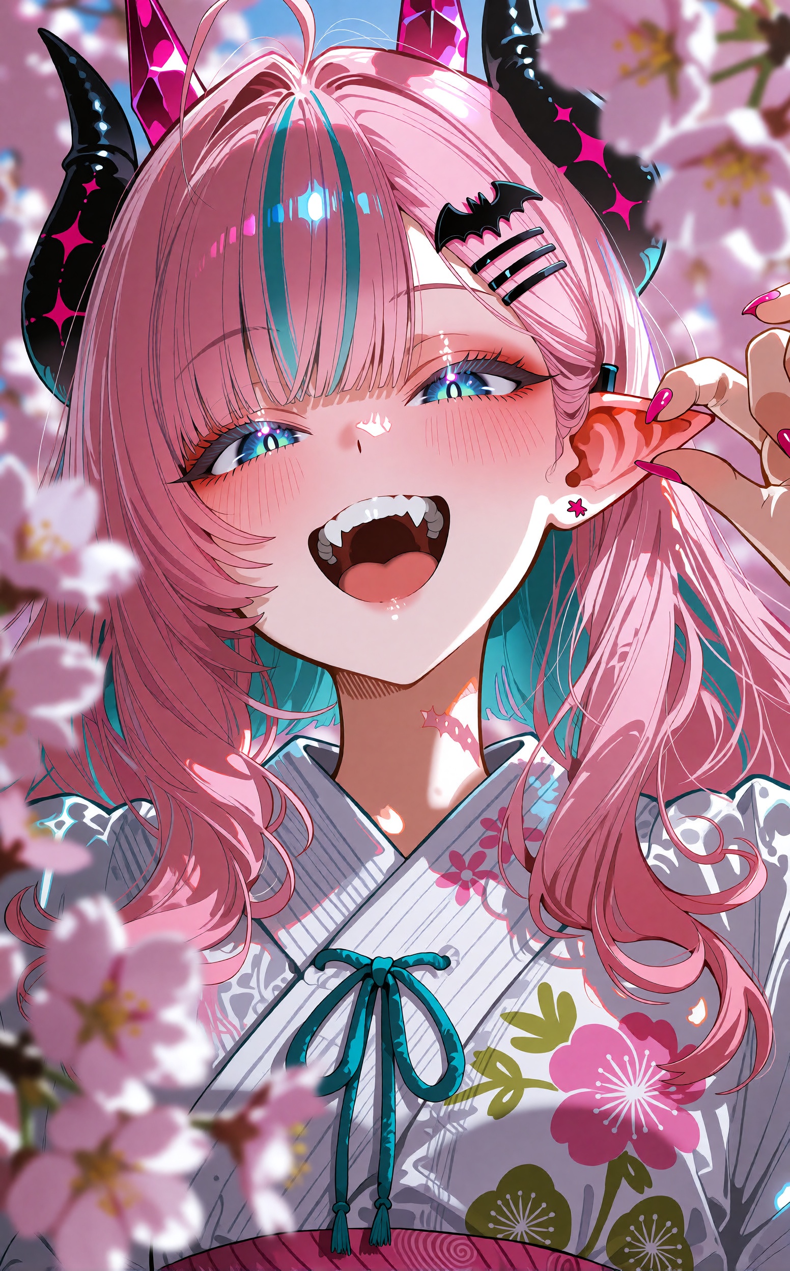 A joyful anime girl with very long flowing pink hair streaked with teal strands leans toward the viewer,  smiling brightly...
