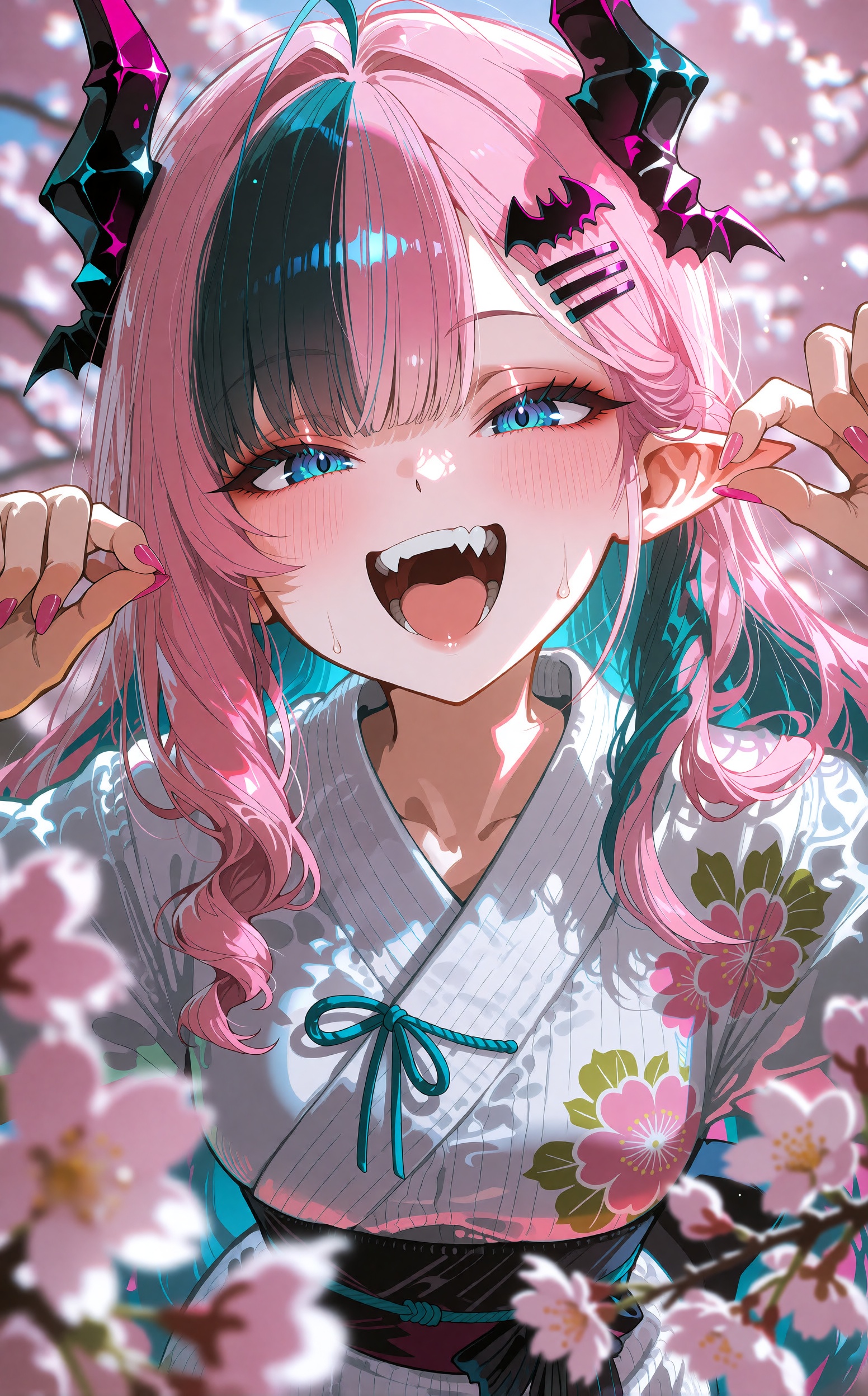 A joyful anime girl with very long flowing pink hair streaked with teal strands leans toward the viewer,  smiling brightly...