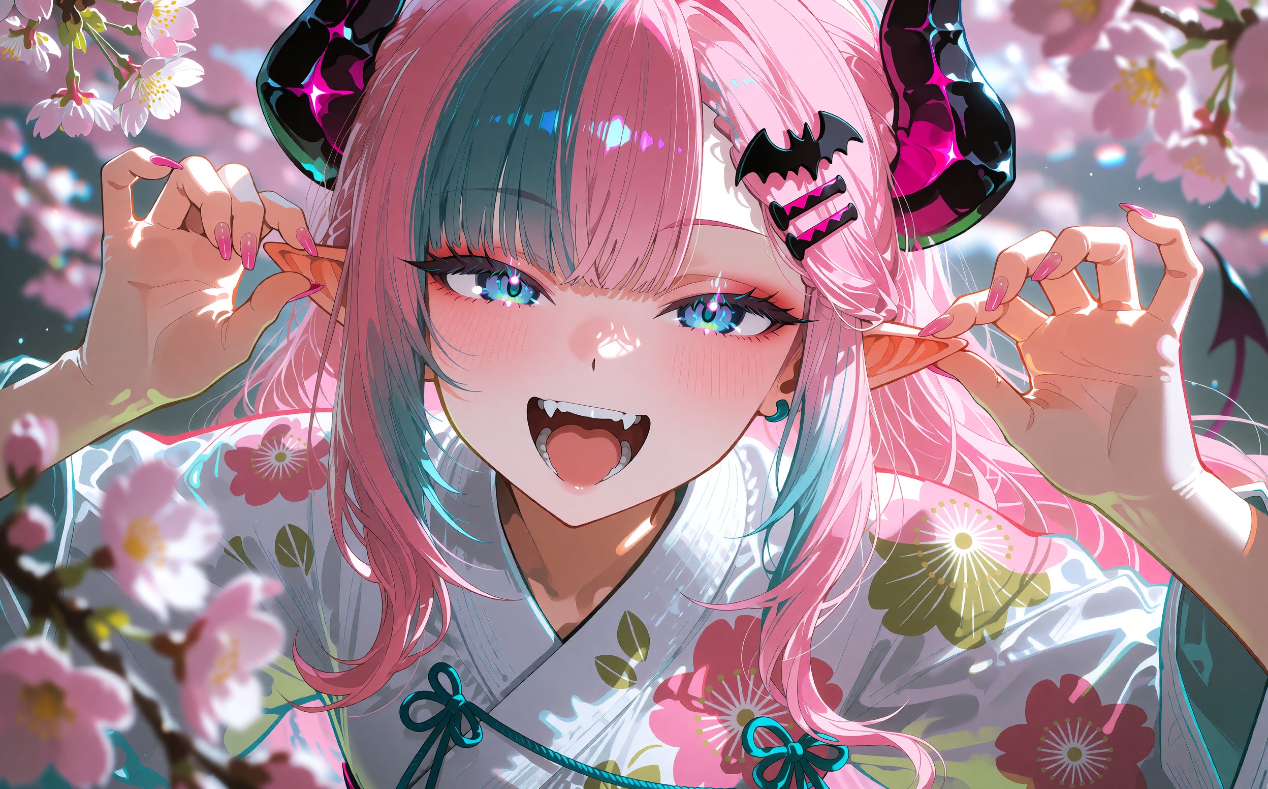 A joyful anime girl with very long flowing pink hair streaked with teal strands leans toward the viewer,  smiling brightly...
