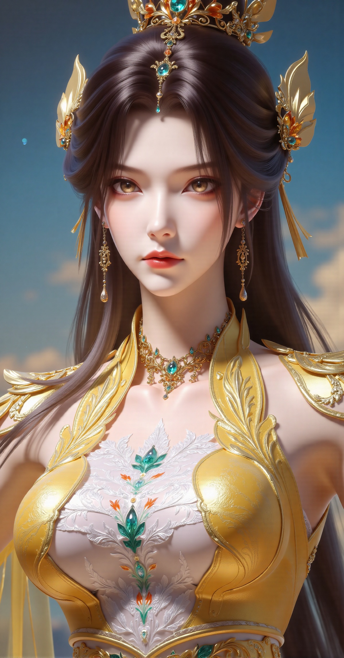 This is a highly detailed digital artwork of a beautiful,  ethereal woman with pale skin and long,  dark hair adorned with...