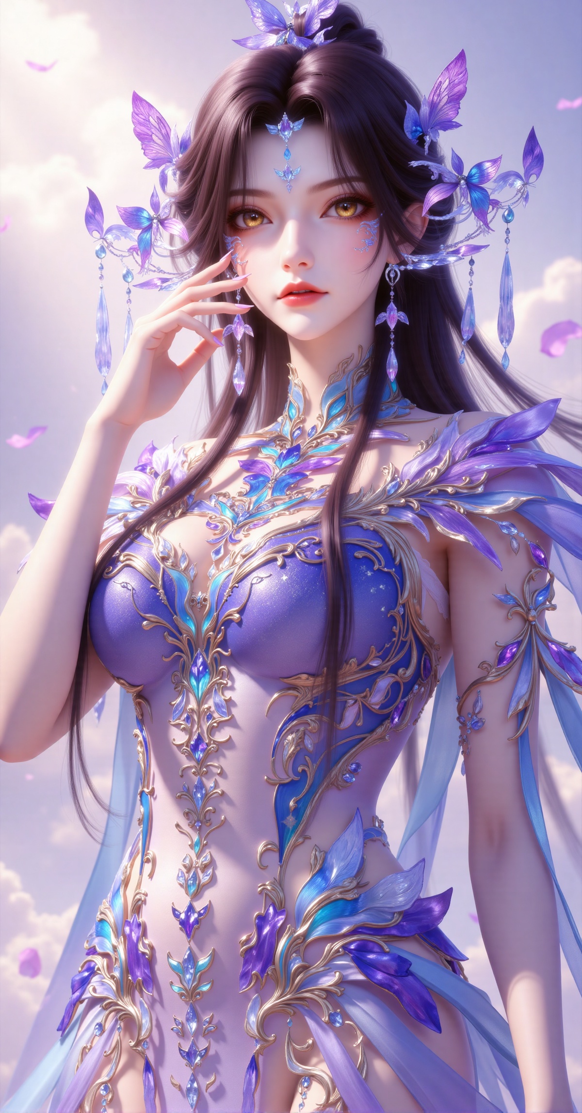 A highly detailed digital artwork of a beautiful,  ethereal woman with long,  dark hair adorned with intricate by 千诗可叙 on...