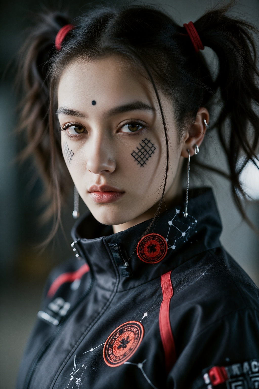 A cinematic 35mm film photograph of a young cyberpunk woman in a high-detail portrait. She has large captivating hazel eye...