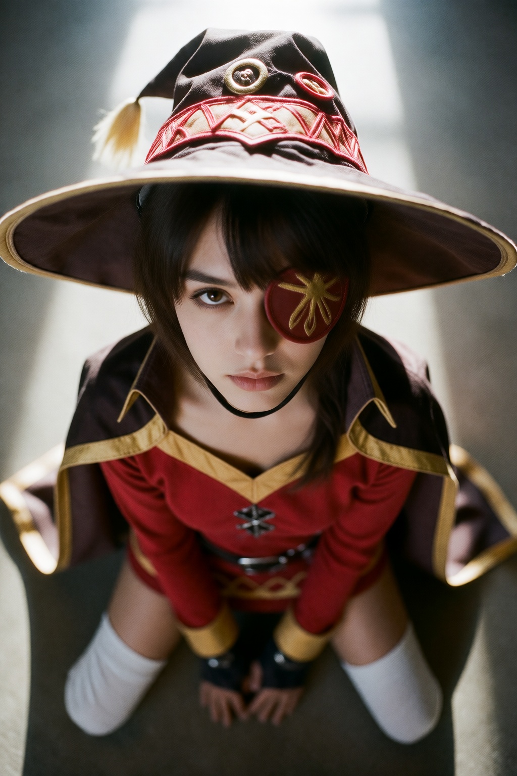A cinematic 35mm film photograph of Megumin from KonoSuba kneeling on the floor,  viewed from a high-angle overhead lookin...