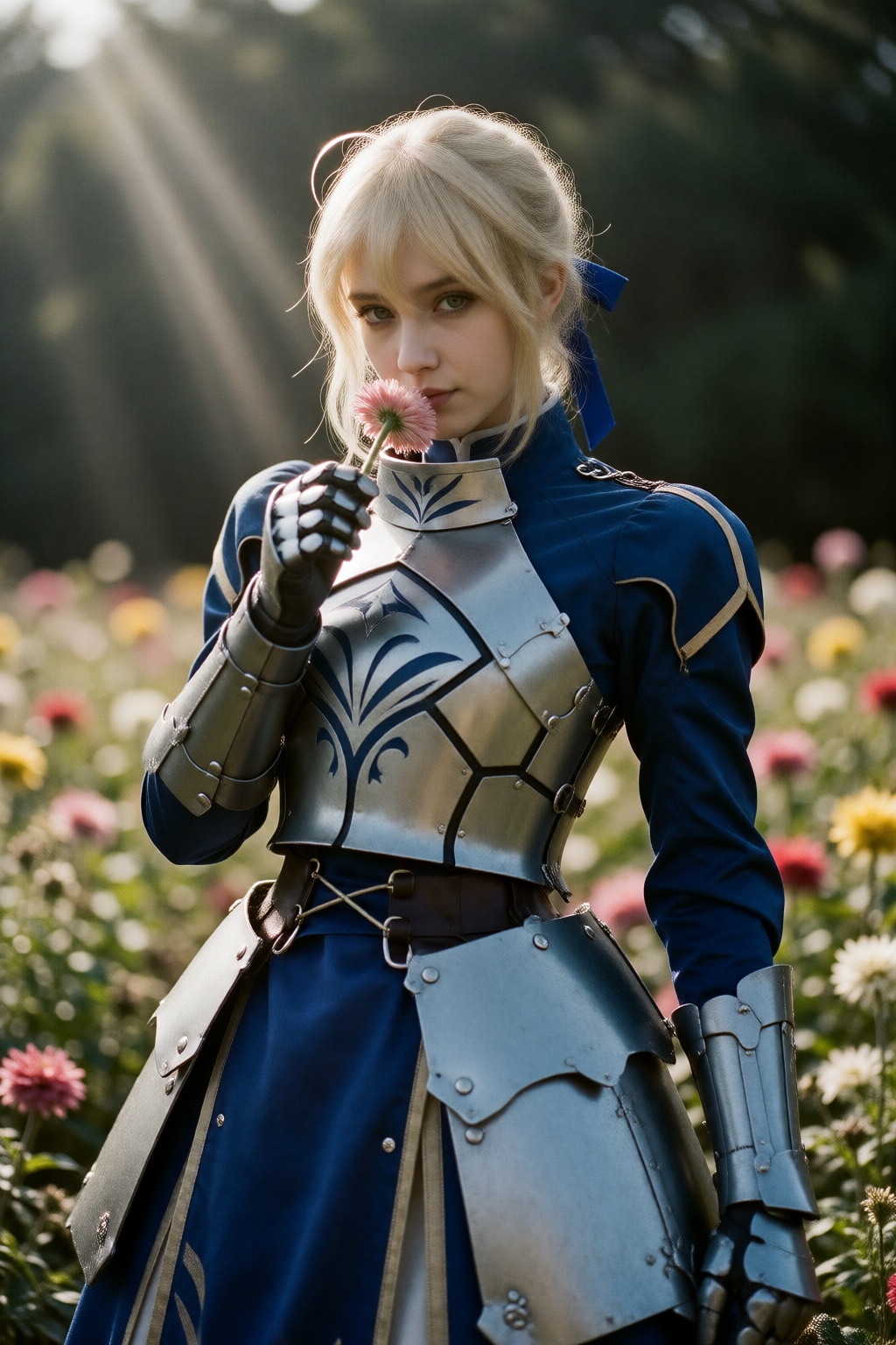 A cinematic 35mm film photograph of Artoria Pendragon (Saber) from Fate standing alone in an open field of flowers on a cl...