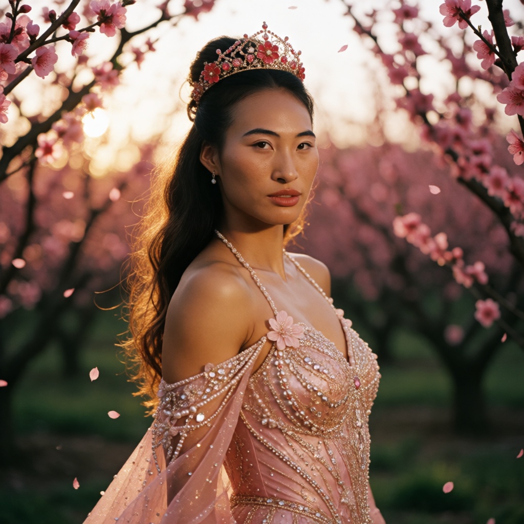 xiaomei,  1 east asian fantasy girl,  medium shot portrait. She wears an ornate pink‑gold fantasy gown with off‑shoulder n...