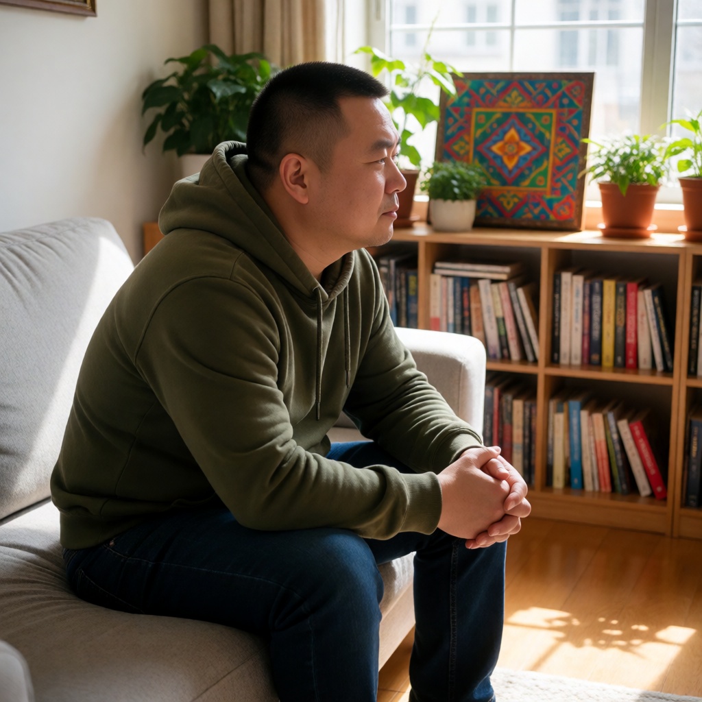 A chinese man with a crew cut is wearing an olive green hoodie and dark blue jeans,  sitting on a light gray sofa. He clas...