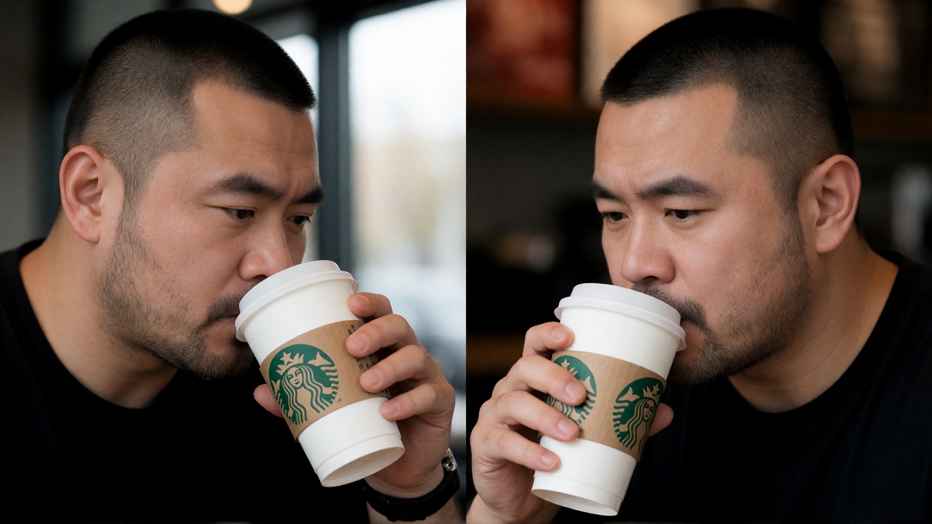 Photos of a masculine Asian man with short buzzcut hair and stubble. He is currently at Starbucks drinking coffee,  medium...