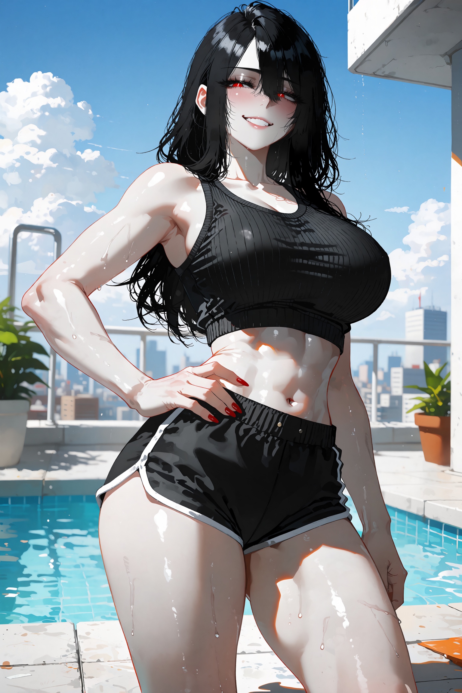 A strikingly attractive young ***** woman with pale,  luminous skin and long straight jet-black hair stands in a relaxed,...