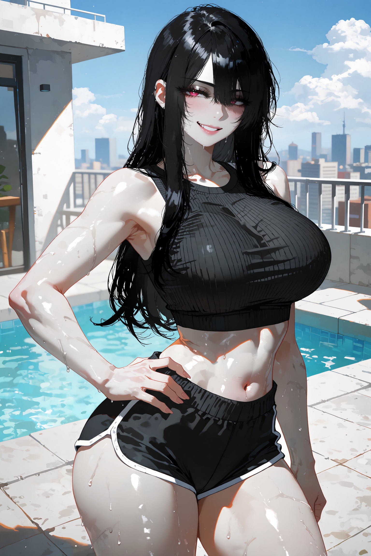 A strikingly attractive young ***** woman with pale,  luminous skin and long straight jet-black hair stands in a relaxed,...