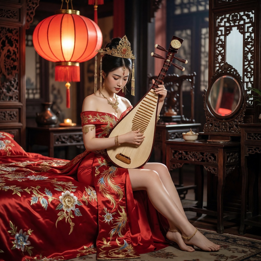 A stunningly realistic portrait depicts a beautiful young Asian woman seated on a bed,  playing a traditional wooden pipa....