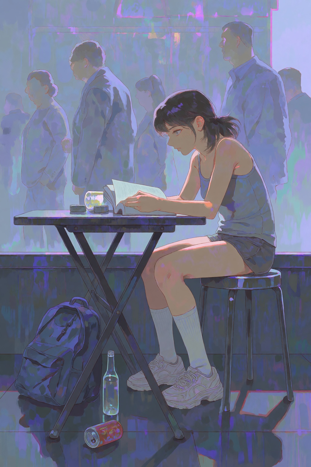highres,  absurdres,  A young woman with dark hair sits on a simple metal stool at a small on Tensor.Art