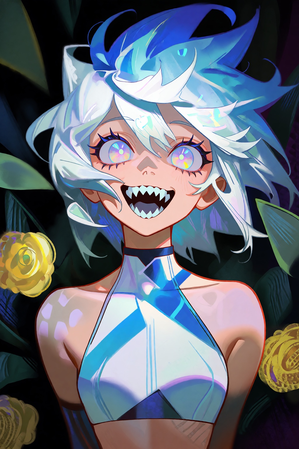 This digital illustration features a stylized anime-inspired character with short,  tousled white hair transitioning into...