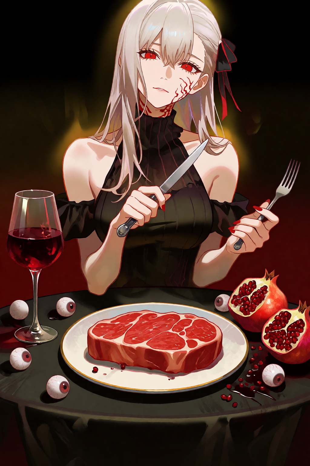 @cherrymaru An anime-style illustration depicts a woman with pale skin,  long light hair,  and red eyes sitting at a dark...