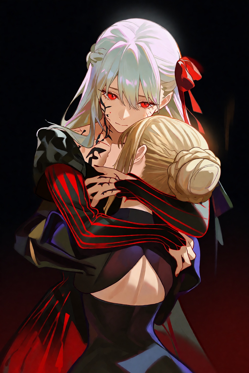 @cherrymaru This anime-style digital illustration features two young women locked in an intimate,  tight embrace against a...