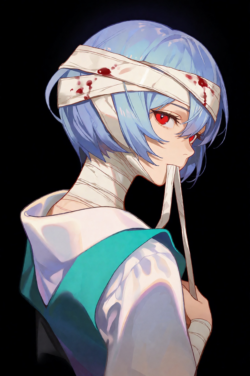 @cherrymaru This striking digital illustration depicts a young anime-style girl with pale skin and short,  periwinkle-blue...