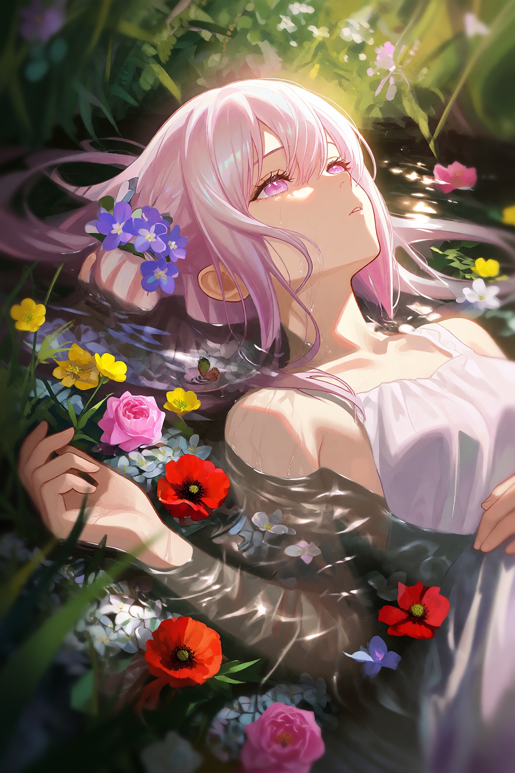 @cherrymaru In this atmospheric digital painting,  a young woman with long,  pale pink hair lies peacefully submerged in a...