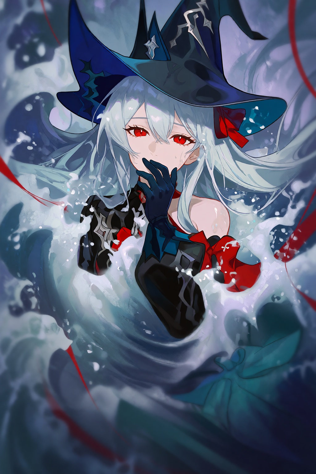 @cherrymaru An anime-style digital illustration features a pale-skinned young woman with long,  flowing silver hair and pi...