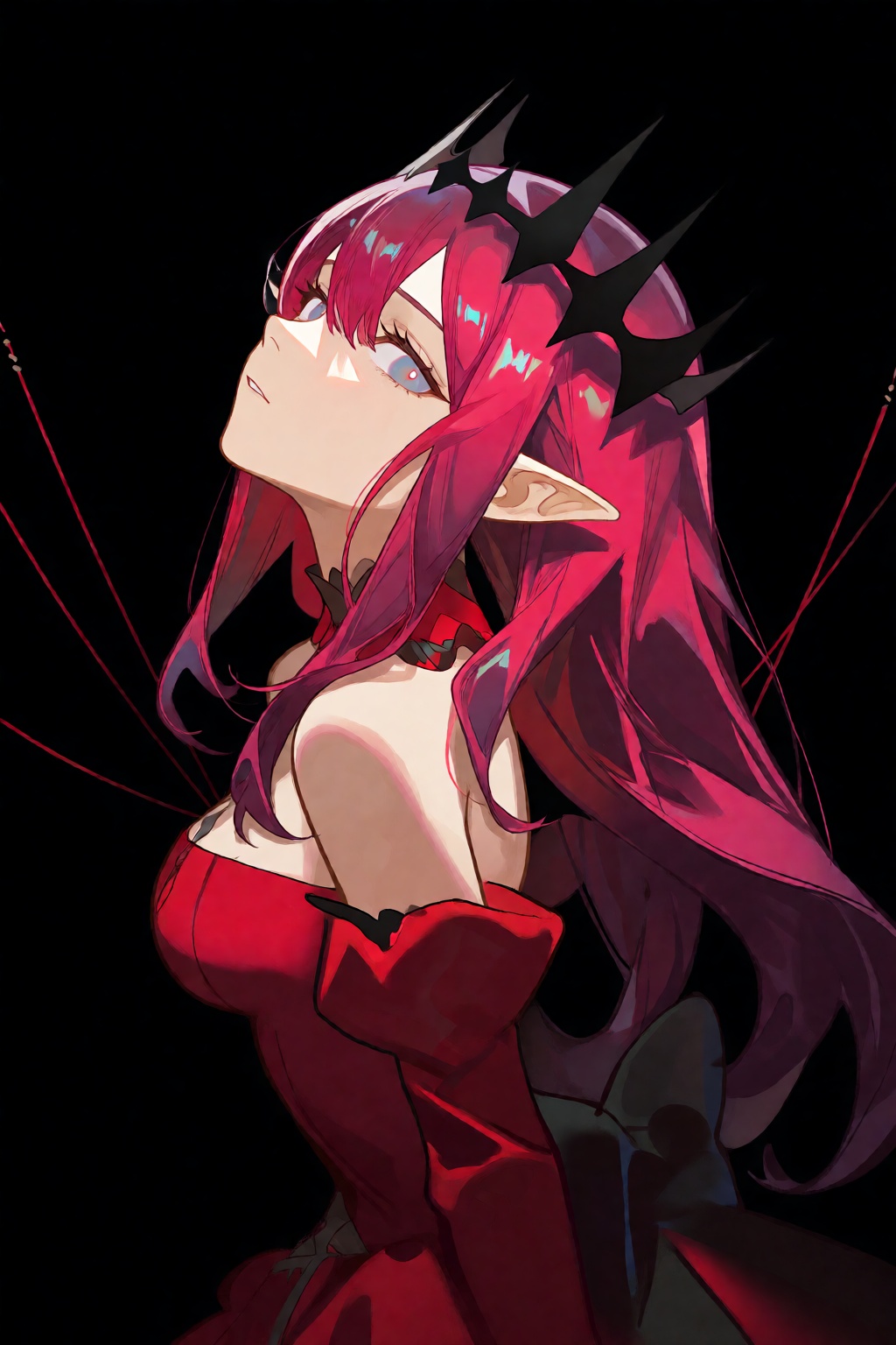 @cherrymaru A digital anime-style illustration features a striking young woman with long,  vibrant magenta hair and pointe...