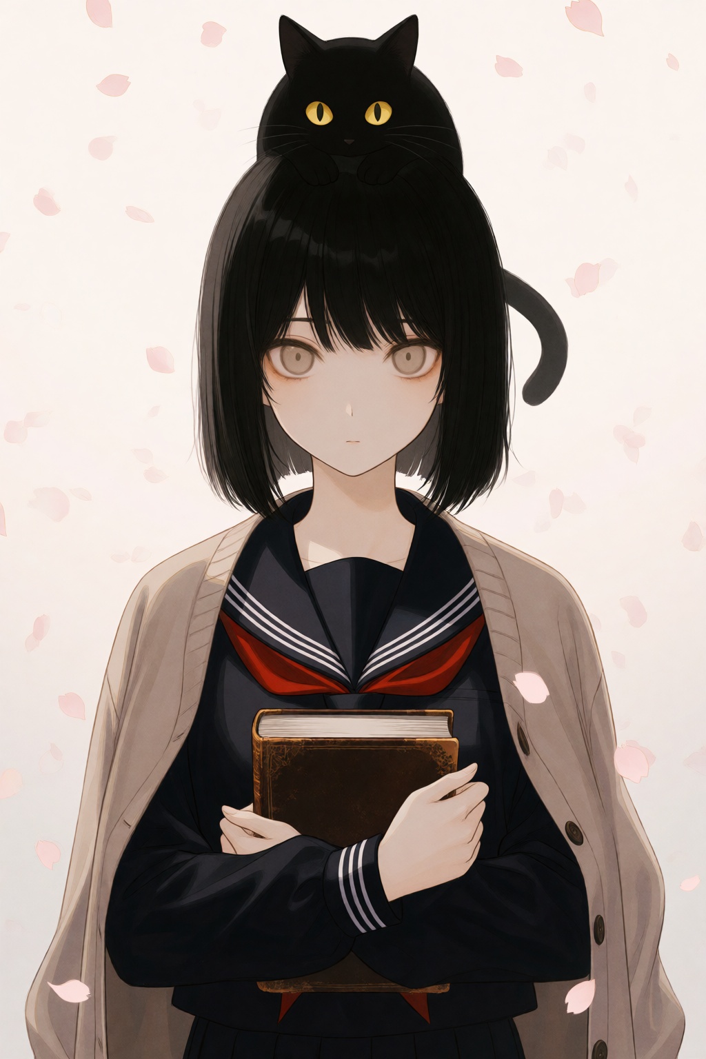 wan_ke Digital anime-style drawing of a quiet,  mysterious female student. She has straight,  chin-length black hair and l...
