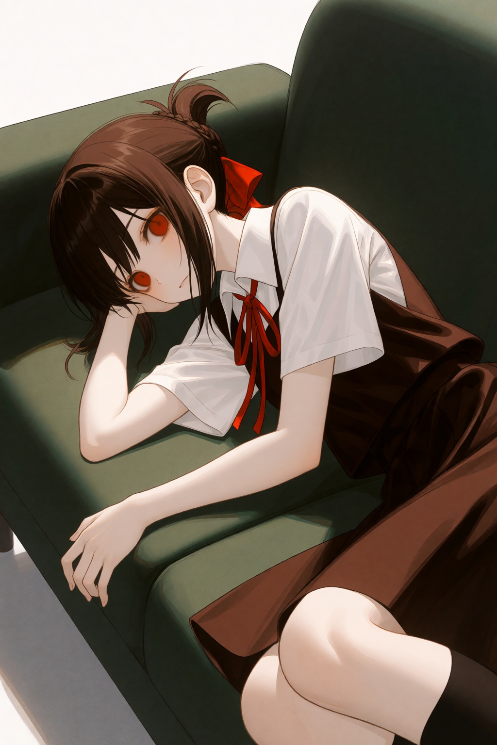 wan_ke Digital anime-style illustration of a young woman with pale skin and red eyes,  lying on a green couch. She has bro...
